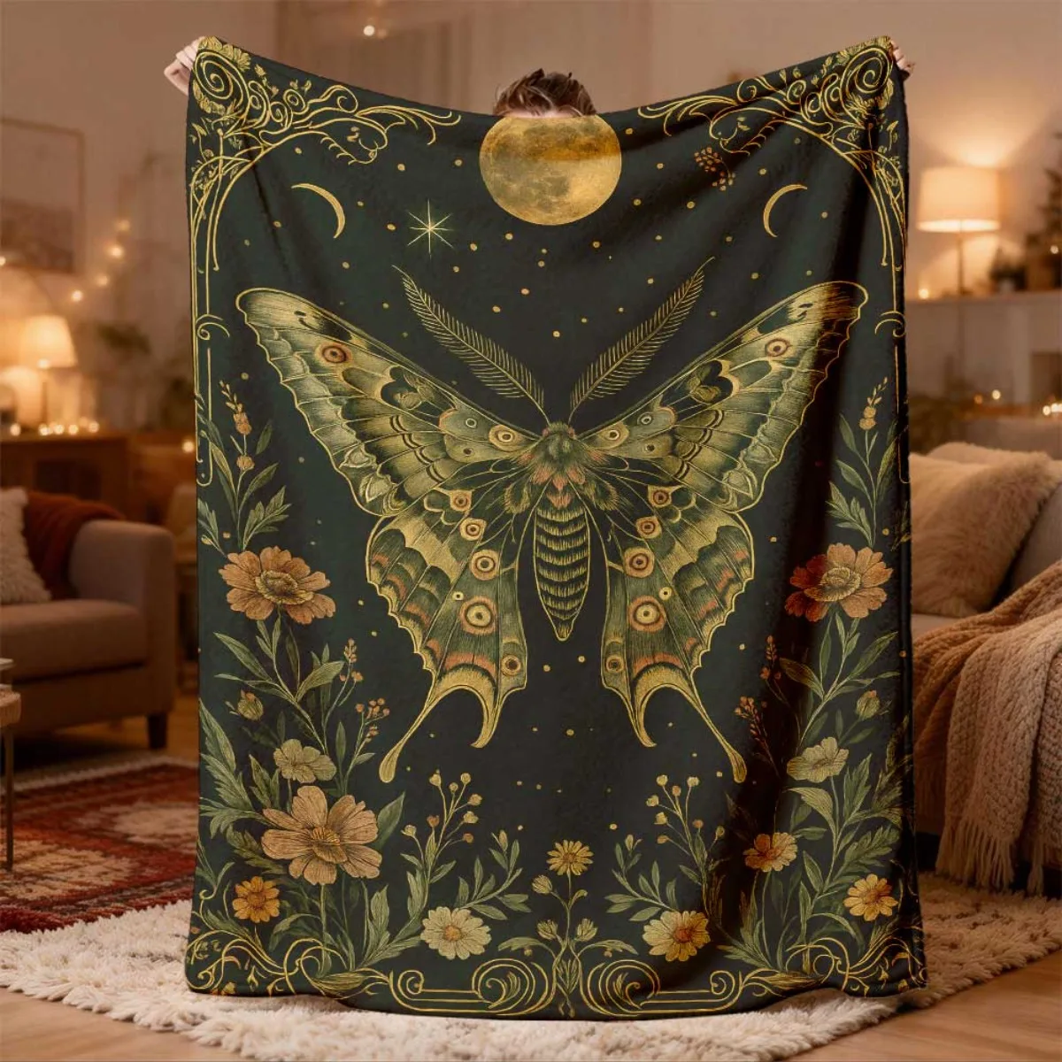 Bohemian Moth Throw Blanket, Celestial Floral Witchy Decor, Dark Academia Emerald Green Cozy Plush Fall Sofa Couch Throw Keep