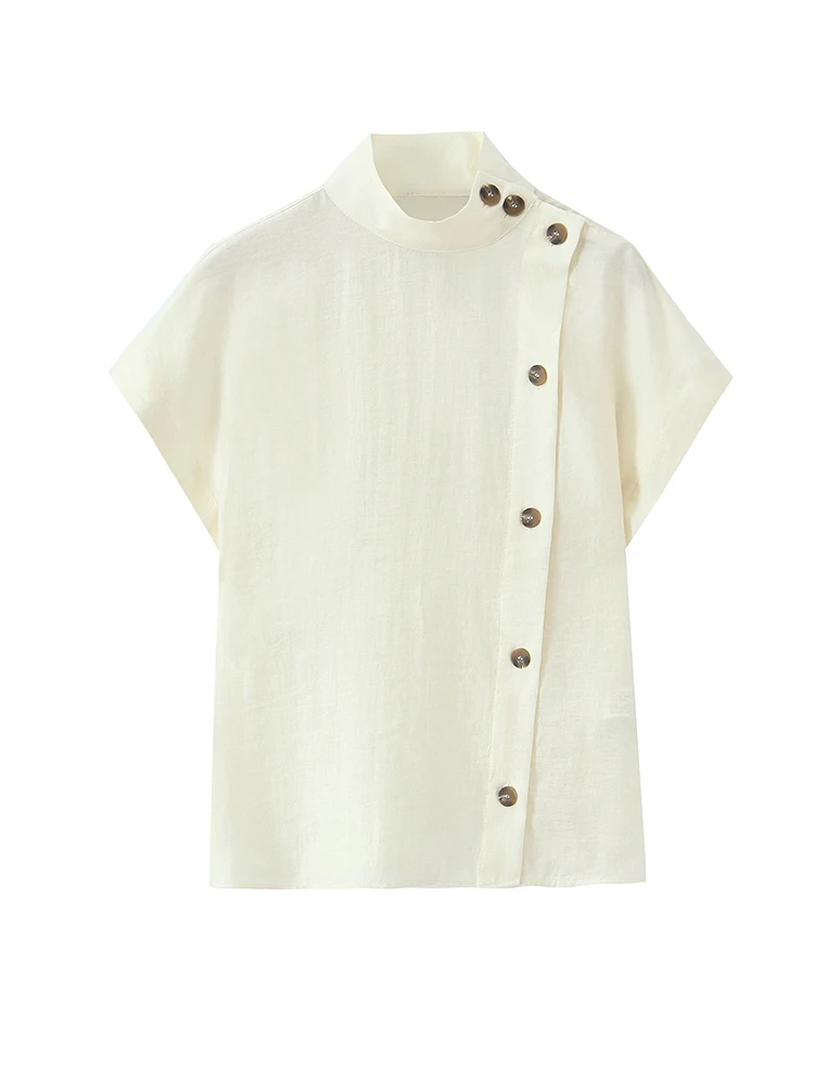 

Женские водолазки с коротким рукавом, бежевые рубашки, однобортные топы с разрезом, блузки