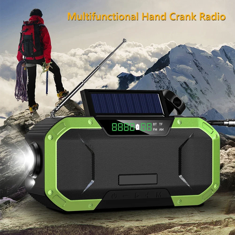 Portable Bluetooth Speaker Hand Crank Solar Radio AM/FM Emergency Radio LED Power Display Flashlight IPX5 Waterproof Power Bank