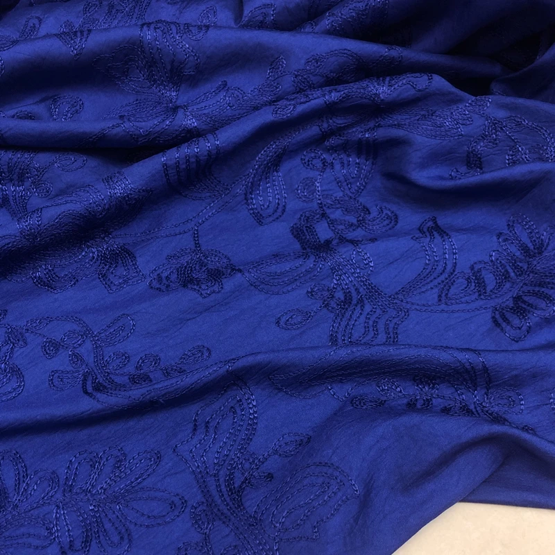 Embroidered Satin Fabric Thin Blue Chinese Style Clothing Cheongsam Skirt Designer Apparel Sewing Fabrics Cloth Diy Sew By Meter
