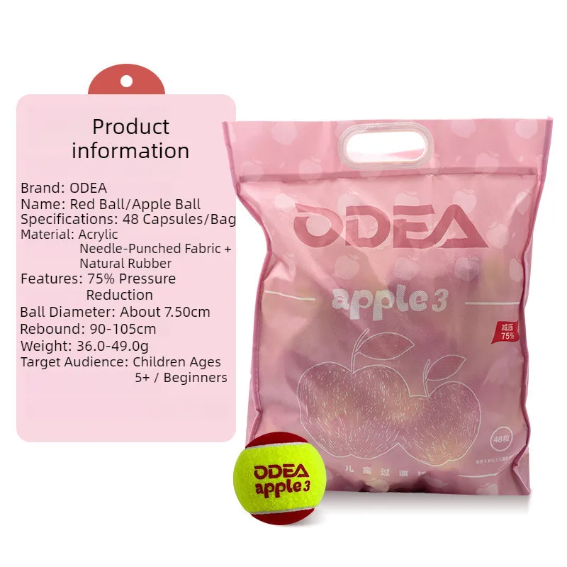 ODEA Apple Stage 3 Red Kids Tennis Balls, 75% Pressure Reduced Training Balls for Children over 5 Years Old and Beginners