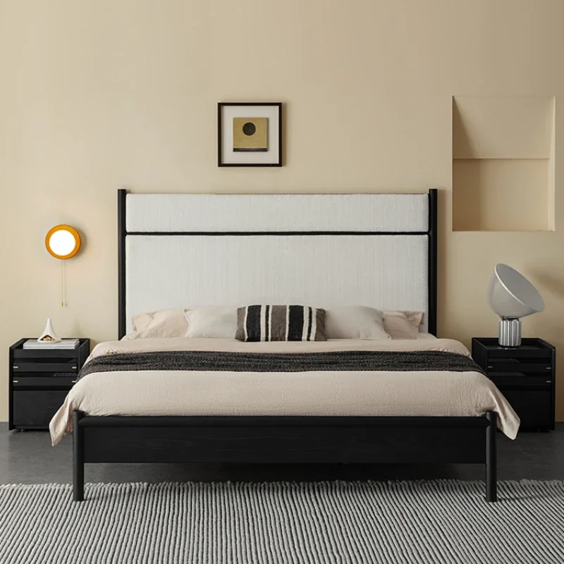 Solid wood bed master bedroom bed, chenille retro high backrest, modern simple double soft bag bed