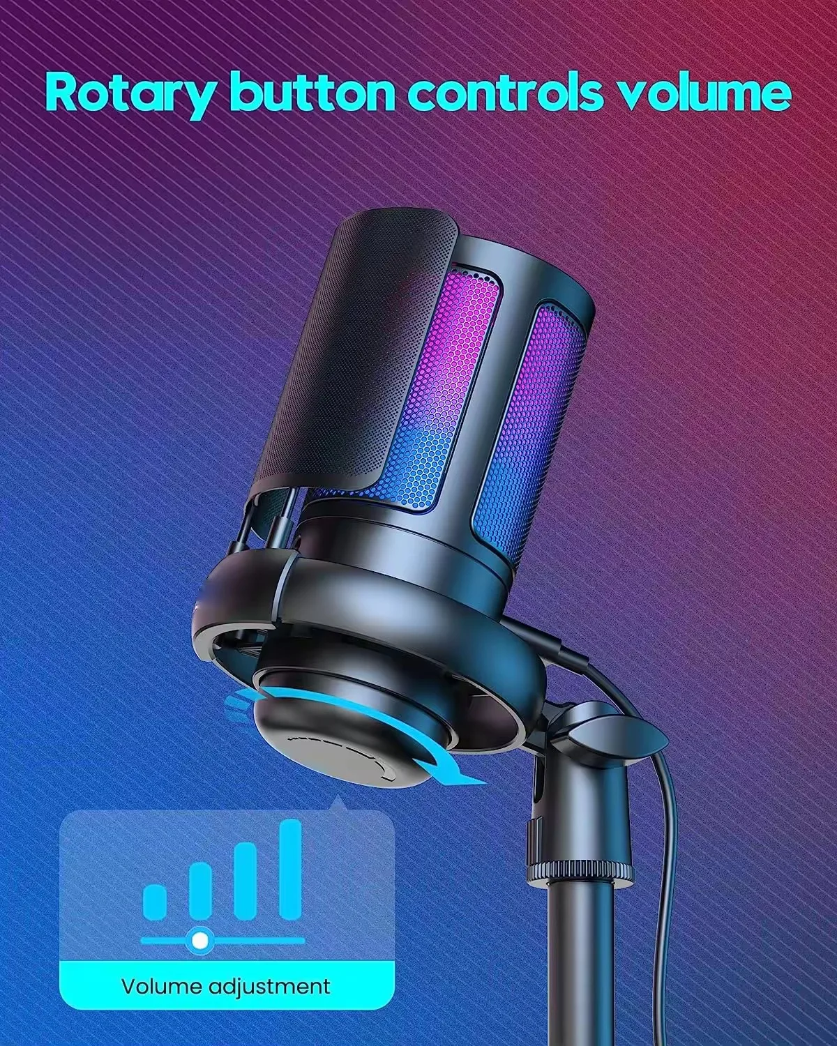 USB Condenser with RGB Light Metal Microphone Professional Recording Streaming Desktop Podcasting Microphone for Computer Laptop