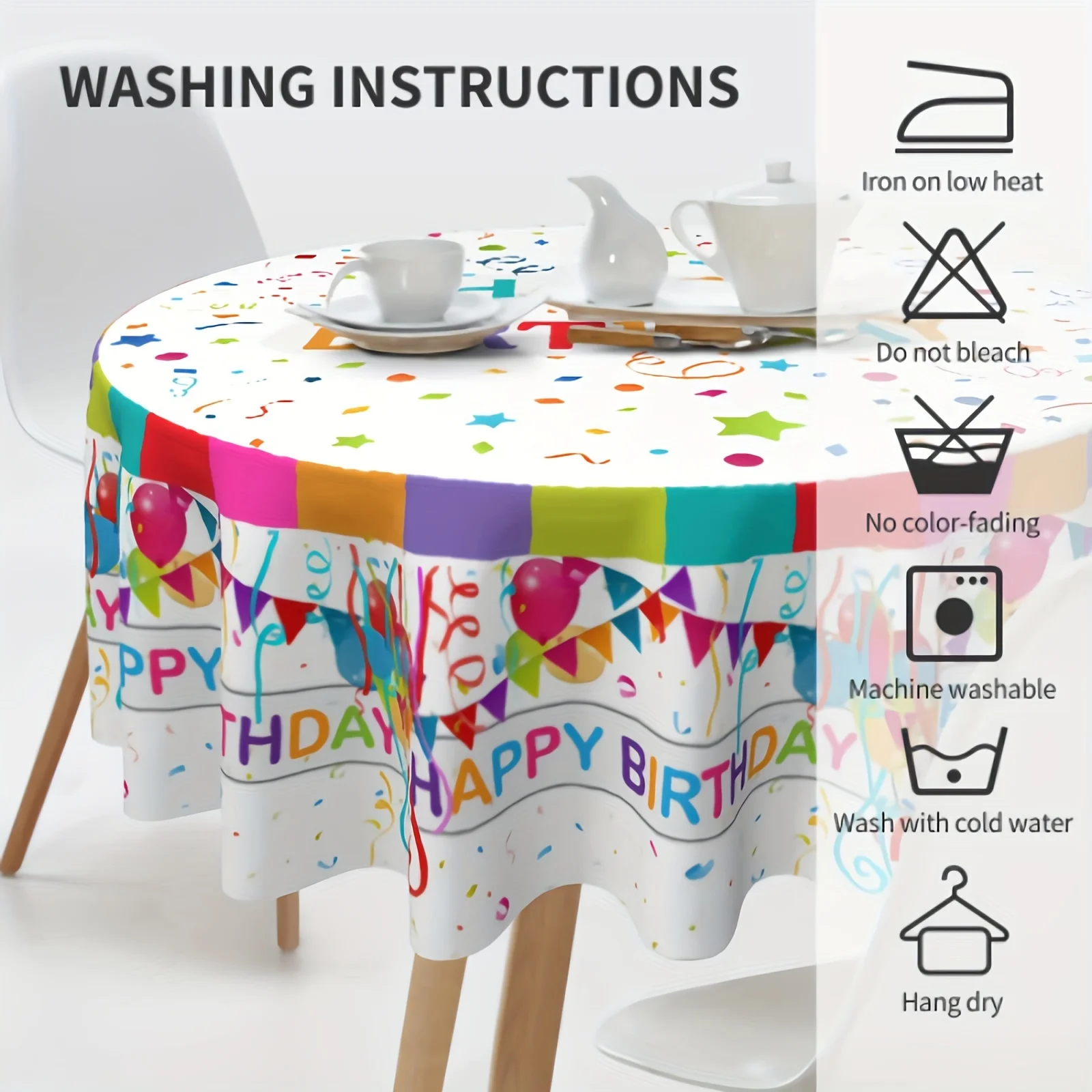 1PC, Polyester Table Cover, Happy Birthday Round Tablecloth, Vibrant Colored Balloons Small Flags Stars Colorful Decorative Tabl