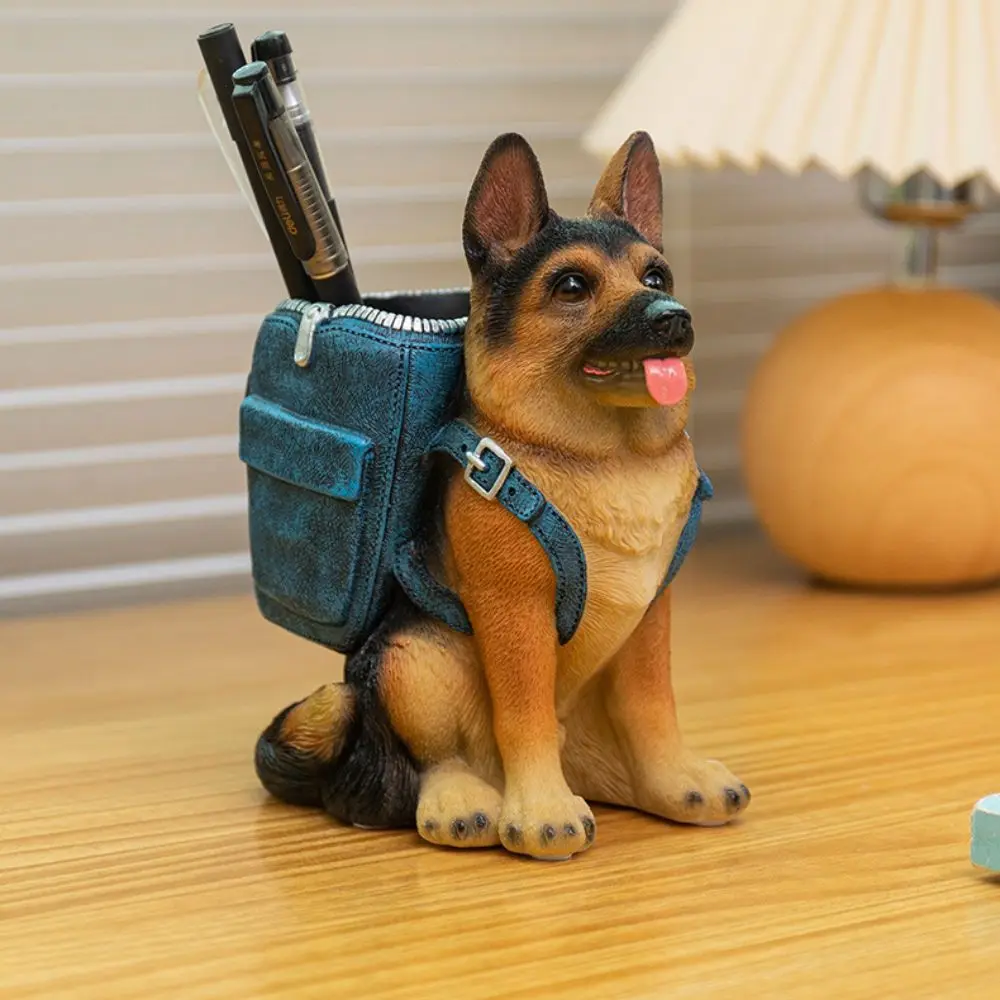 Portable With Backpack Dog Pen Holder Cute Hand-painted Resin Dog Statue Cartoon Desktop Storage Container Home Decor
