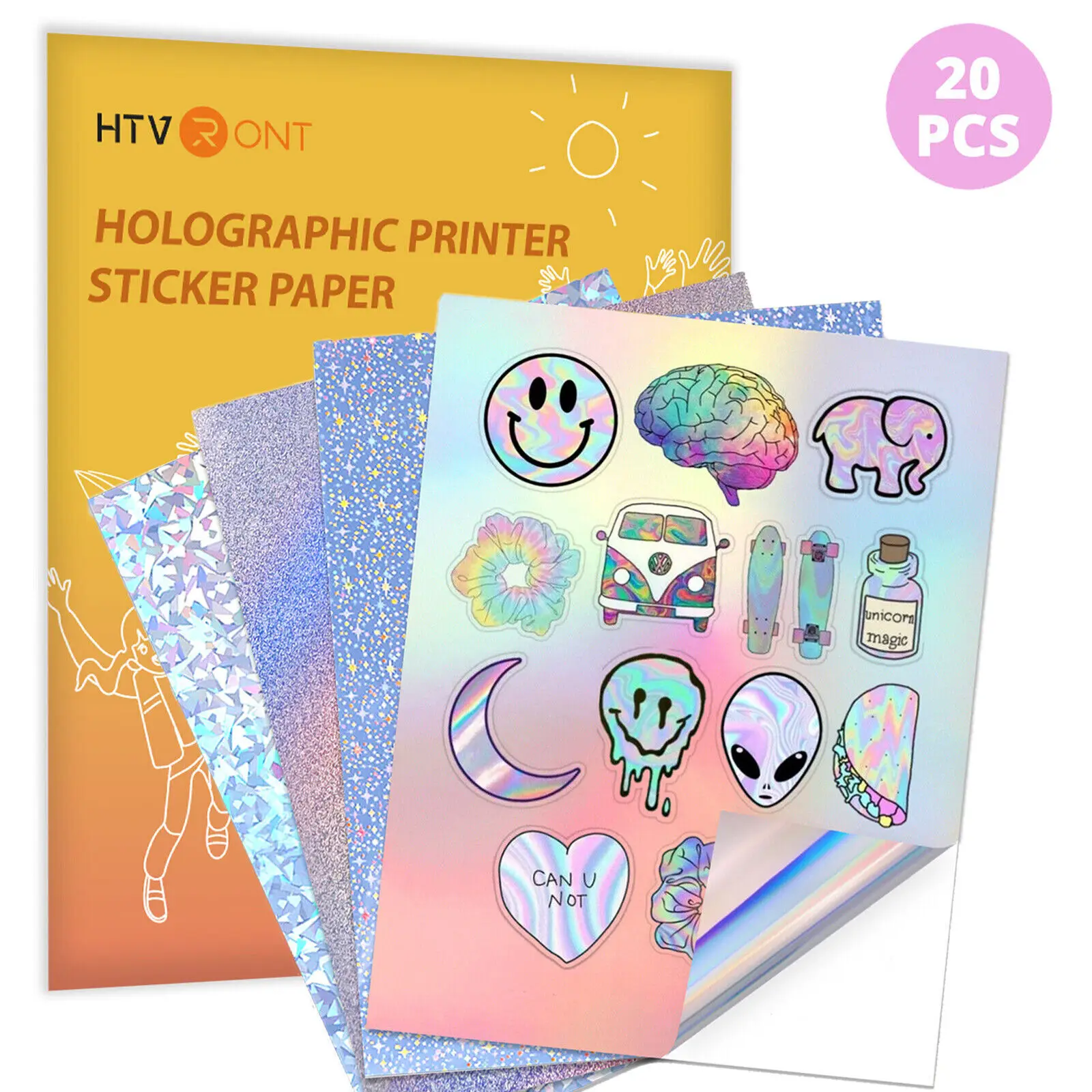 HTVRONT 20pcs Holographic The mixed color Printable Sticker Paper 8.5