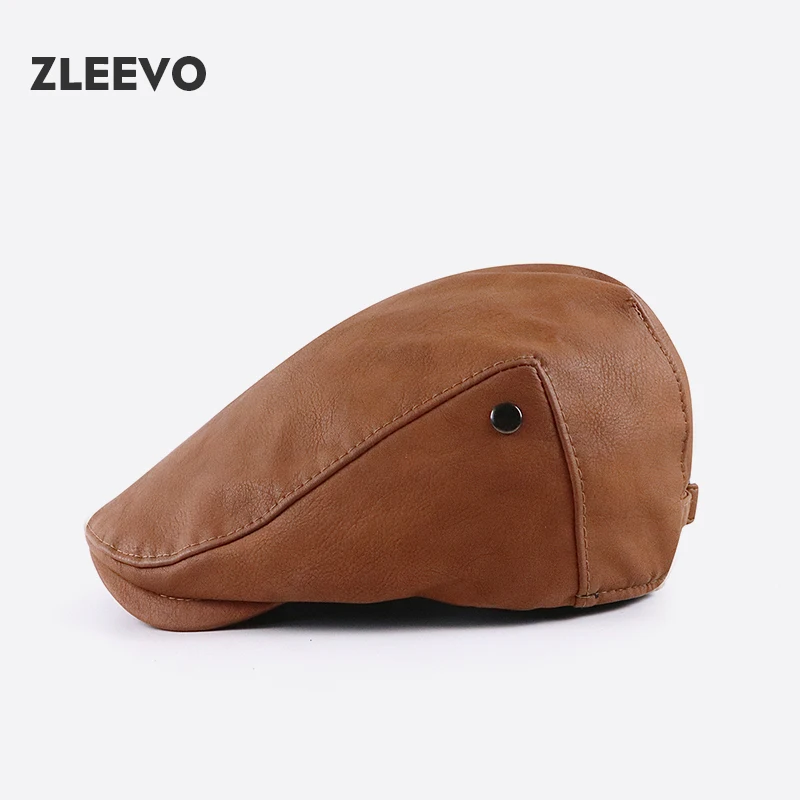 

PU Leather Beret Hats Men Autumn Winter Faux Leather Herringbone Visor Middle-aged Men's Warm Flat Peaked Cap Adjustable