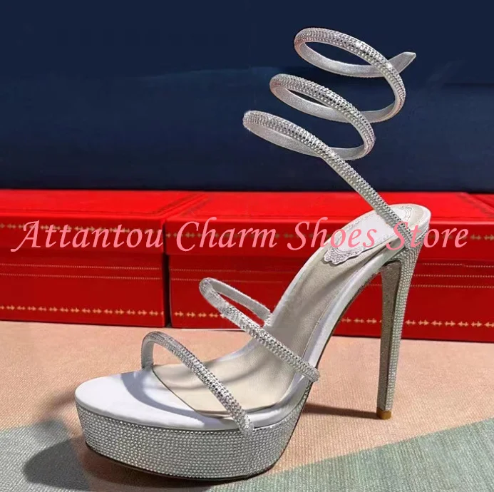 

New Snake Strap Lady Crystal Sandals Fashion Thin Heel Woman Platform Gladiator Sandals Sexy Pumps Dress Party Shoes