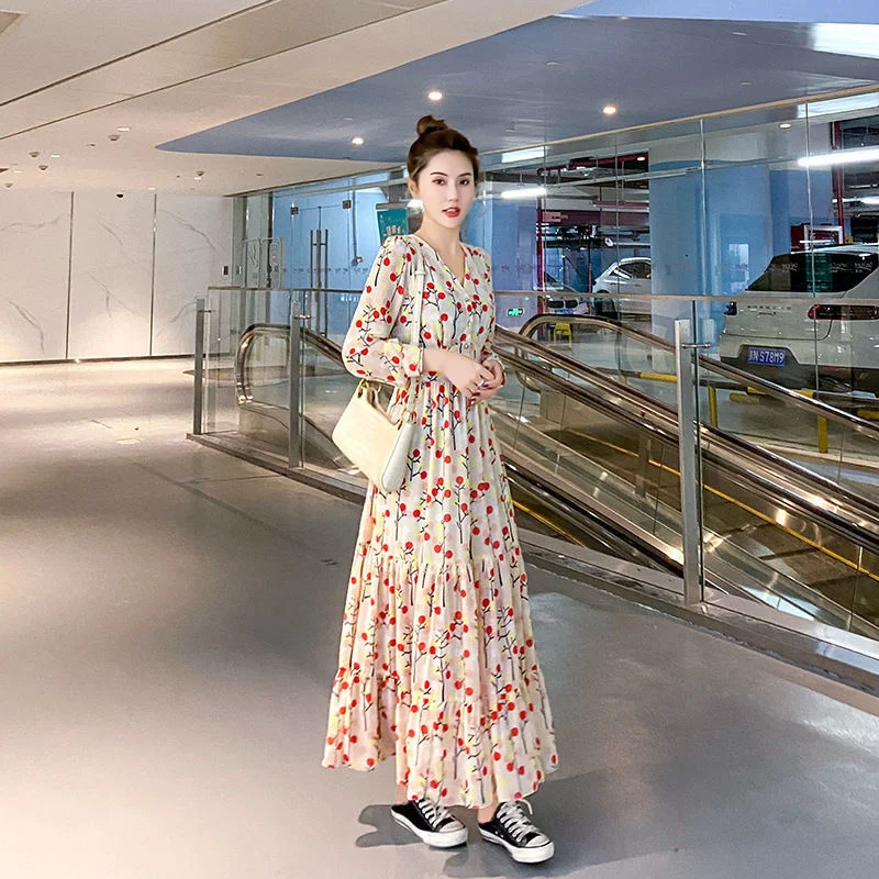 

V-neck New Retro Hepburn Floral Female Waist Long Casual es Vestidos Para Mujer Women Dress