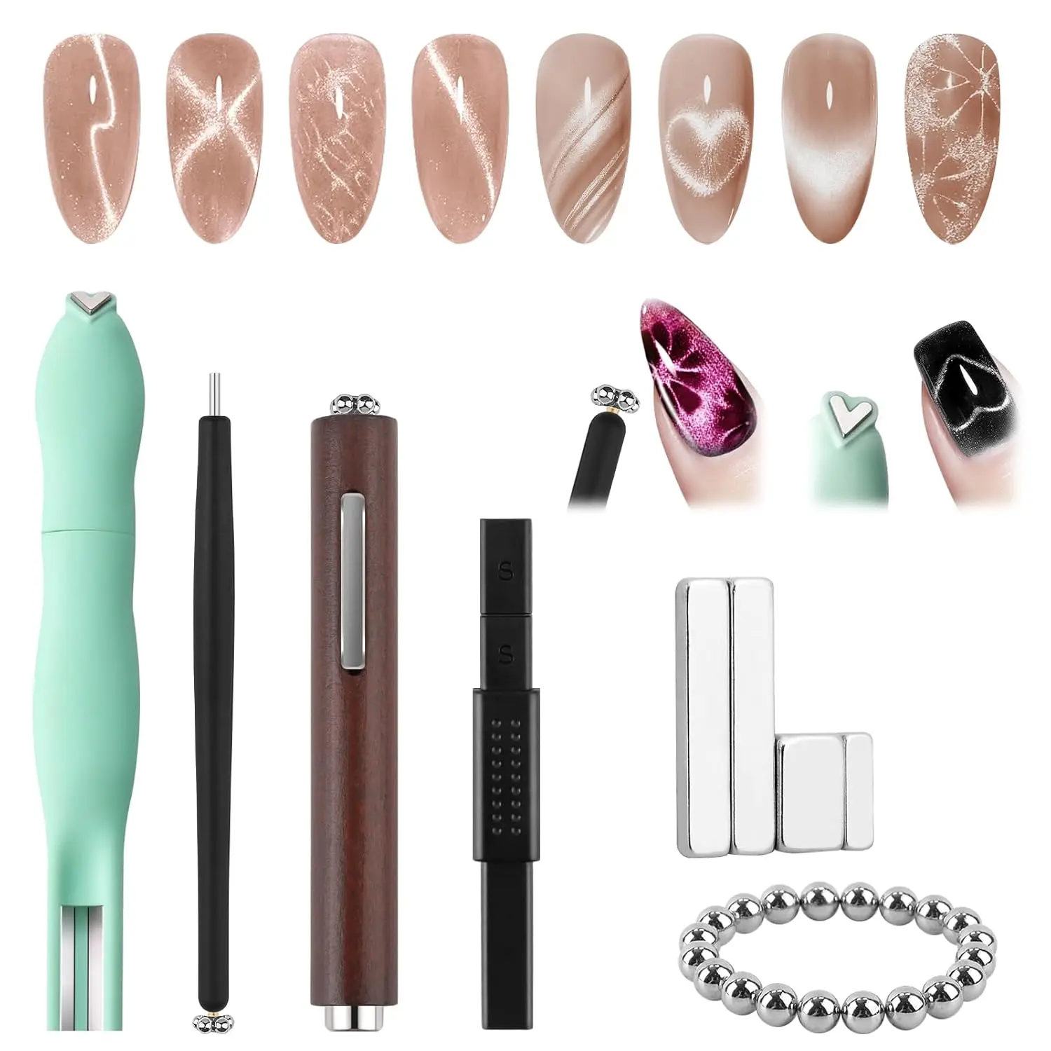 Ebanku9 9-częściowy zestaw magnesów do paznokci typu kocie oko, magnesy 3w1 odpowiednie do paznokci, naklejki magnetyczne kocie oko, narzędzia do zdobienia paznokci, akcesoria do nail artu