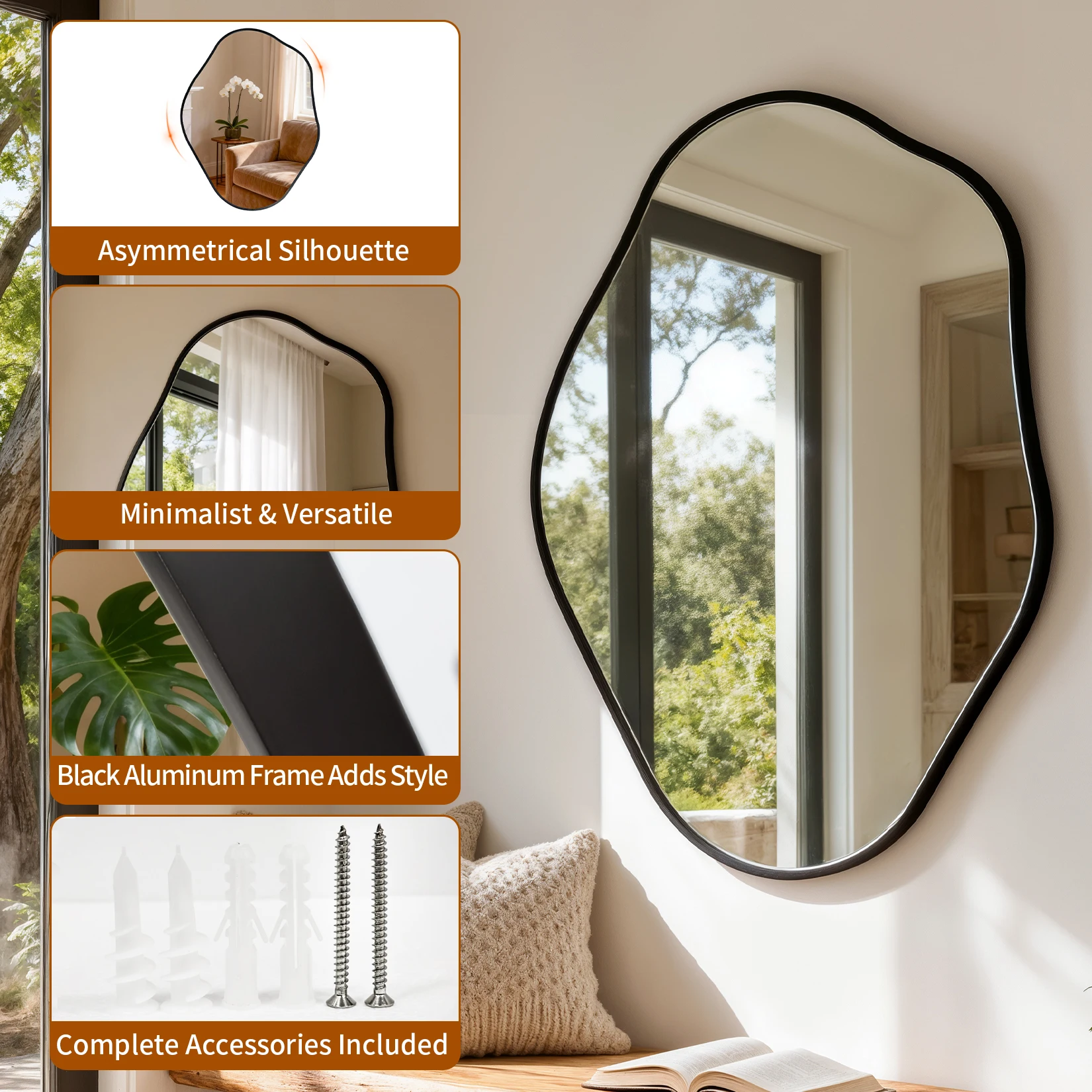 Asymmetrical Black Wall Mirror, Large Irregular Modern Wall Mounted Mirror with Aluminum Alloy Frame, Unique Freeform Decorative Art Mirror for Living Room, Bedroom, Entryway & Hallway