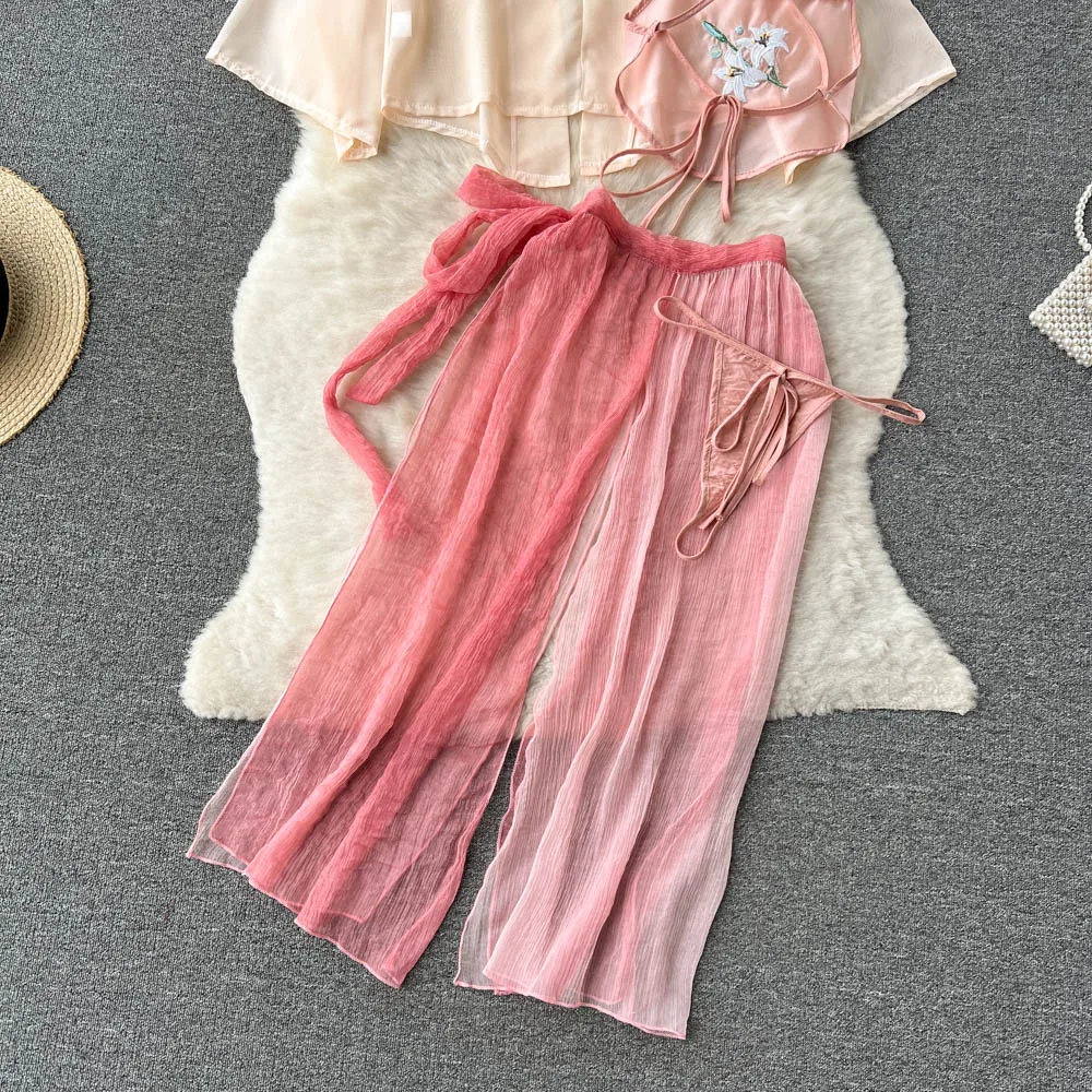 Chinese Sexy Transparent Vintage Embroidery Jacquard Halter Top Dressing Sleepwear Open Front Bindings Gauze Dress 4-Piece Set