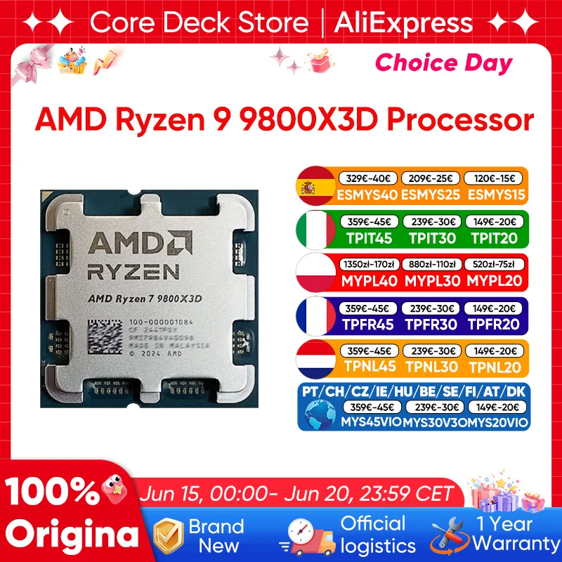 Processore AMD Ryzen 7 9800X3D, 8 Core 16 Thread, 104MB di Cache per Giochi, Frequenza di Accelerazione 5.2GHz, CPU V-Cache per Gaming