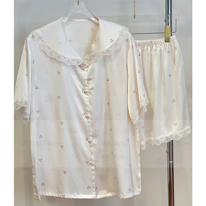 

Pijama Mujer Print Pajama Sets Women Sleepwear Short Sleeve Shirt Shorts 2Pcs Pyjamas Femme Loose Outwear Home Clothes Pjs