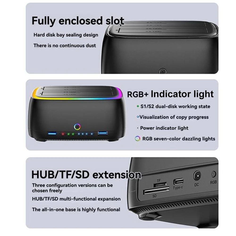 محطة محرك الأقراص الصلبة 7 في 1 ثنائي الخليج USB3.0 5Gbps SATA HDD محطة إرساء لبطاقة استنساخ HDD/SSD مقاس 2.5/3.5 بوصة TF/SD غير متصلة بالإنترنت