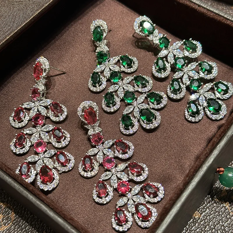 

Women Coloured Gemstones Luxury Red Green Zircon Leaf Diamond Earrings 2024