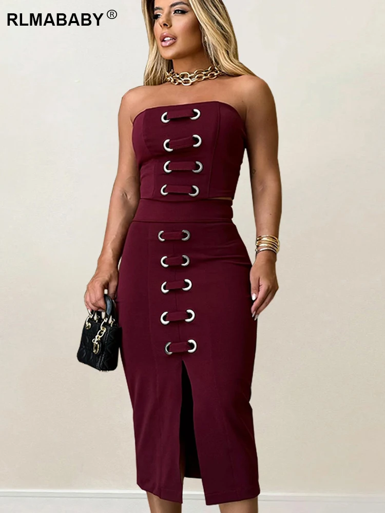 

RLMABABY Fashion Metal Circle Sexy Skirts 2 Piece Sets Women Strapless Crop Top And High Waist Split Long Skirts Two Piece Sets