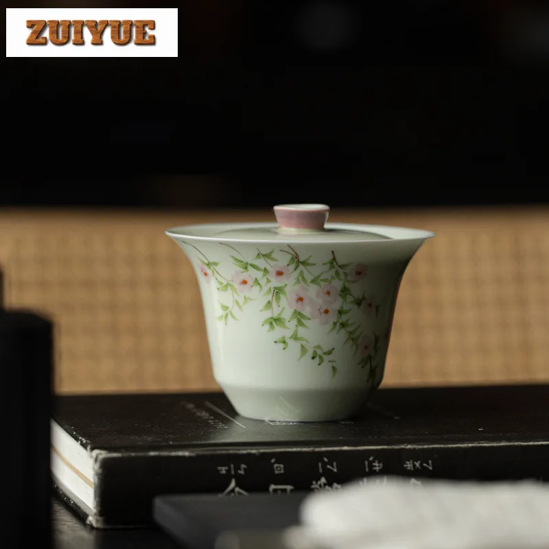 125ML Hand-painted Rose Gaiwan Elegant Thin Tire White Porcelain Tea Tureen Tea Making Cover Bowl Teaware Items Supplies Craft