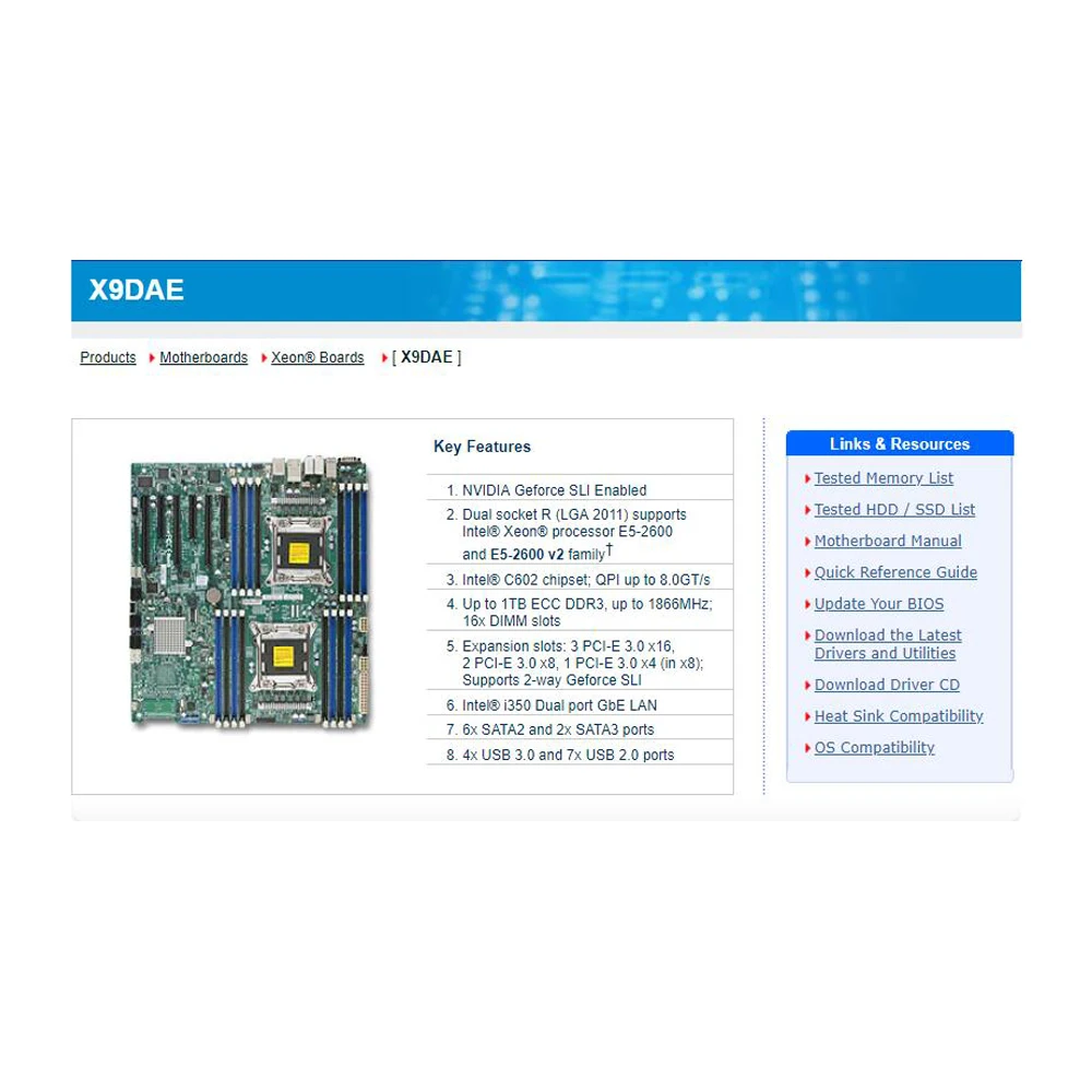 For Server Motherboard Dual (LGA2011) Support E5-2600 V1/V2 Family ECC DDR3 Supports 2-way Geforce SLI X9Dae