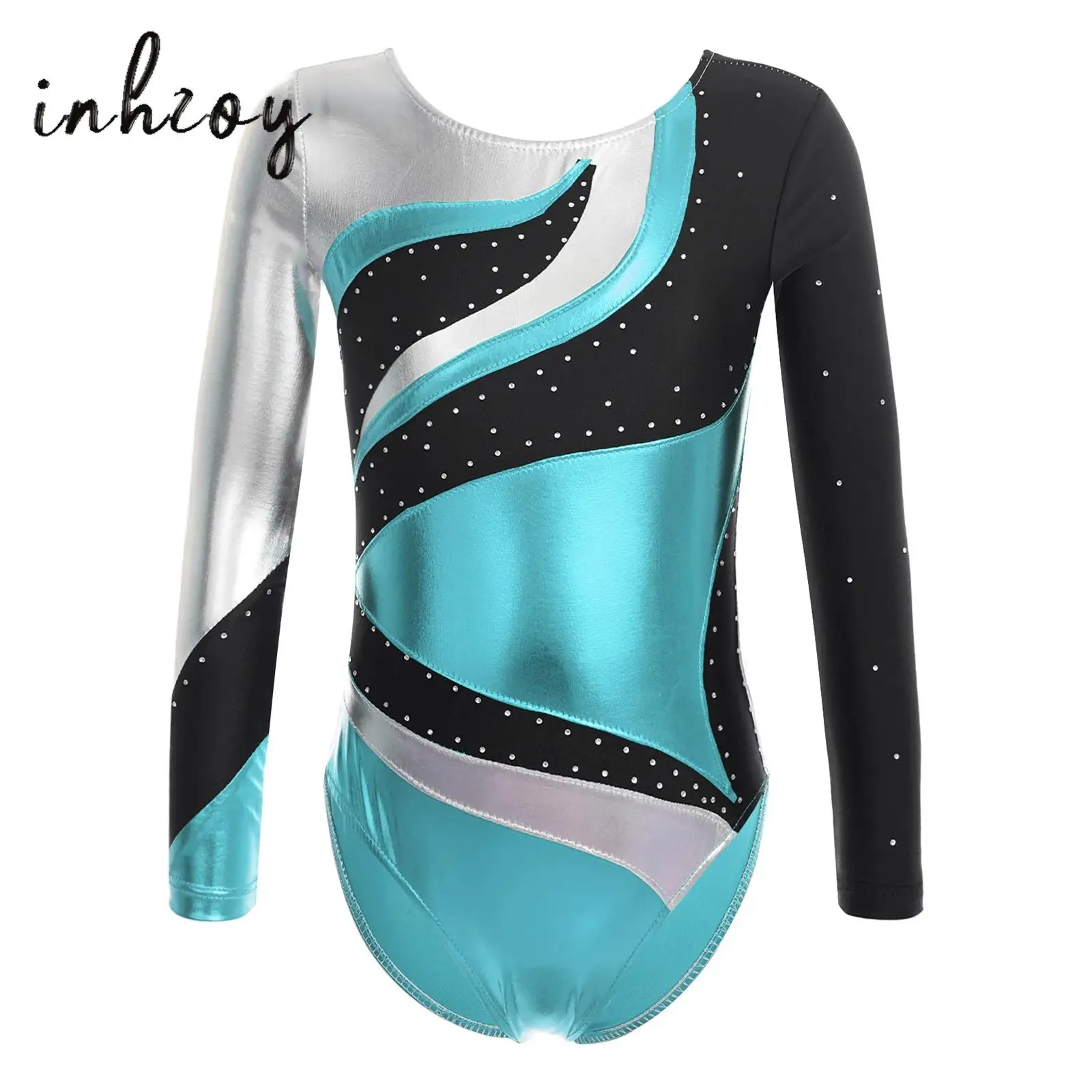 

Girls Ballet Dance Leotards Rhythmic Gymnasytics Figure Skating Bodysuit Long Sleeve Metallic Rhinestone Performance Dancewear