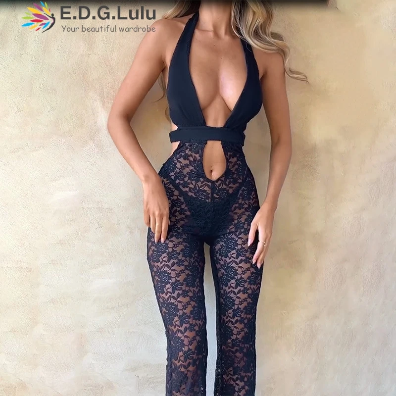 

EDGLuLu V-Neck Backless Black Sexy Nightclub Jumpsuits Elegant Women's Hollow Embroidery Lace Bodysuit Jumpstyle Pants 1010