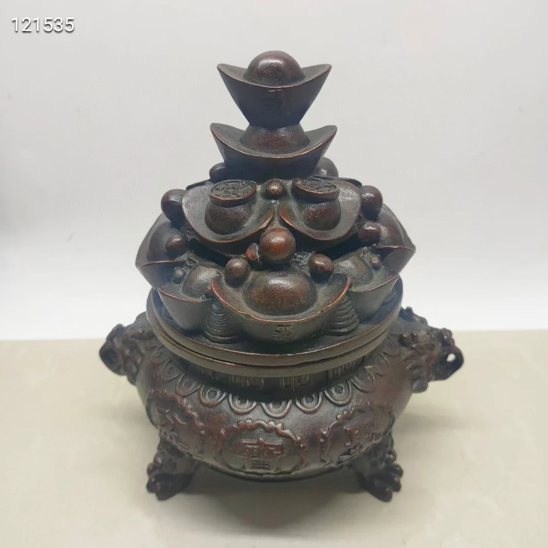 

Ancient Style Incense Burner Copper Censer Lucky Beast On Signed Words Bring Money Pot Yuan Bao Cover