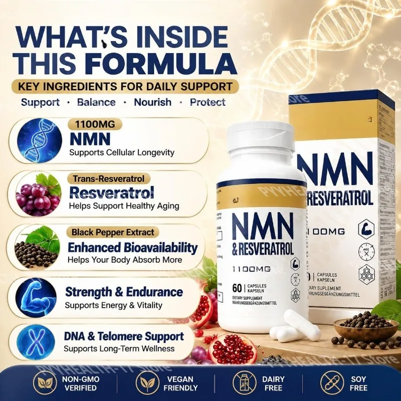 NMN & Resveratrol Capsules 1100mg NMN with Trans-Resveratrol and Black Pepper Extract Non-GMO Vegan for Men Women 60 Capsules