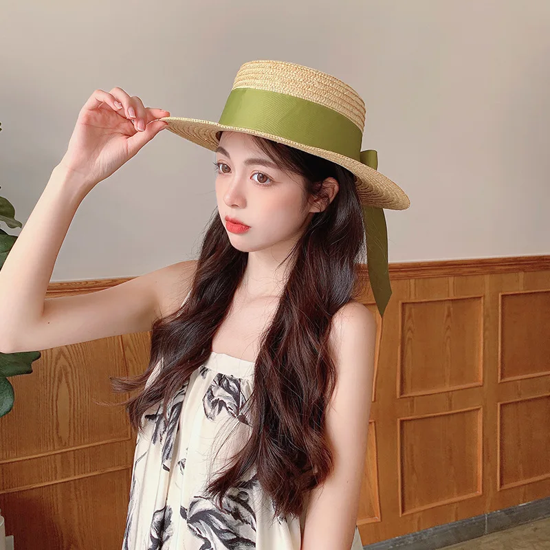 Flat Top Straw Hat Women Wide Brim Sun Protection Beach Hat Bowknot Ribbon Straw Cap Retro Casual Ladies Summer Panama Hat 모자