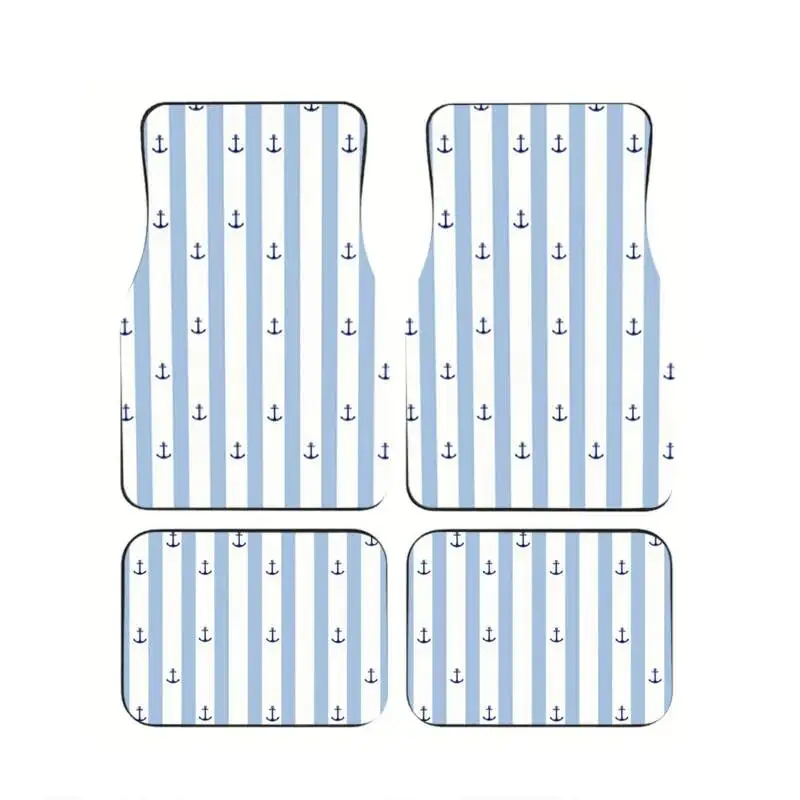 

4Pcs Light Blue White Anchor Striped Car Floor Mats Nautical Print Anti-Slip Durable Carpet Auto Interior Accessorie For SUV