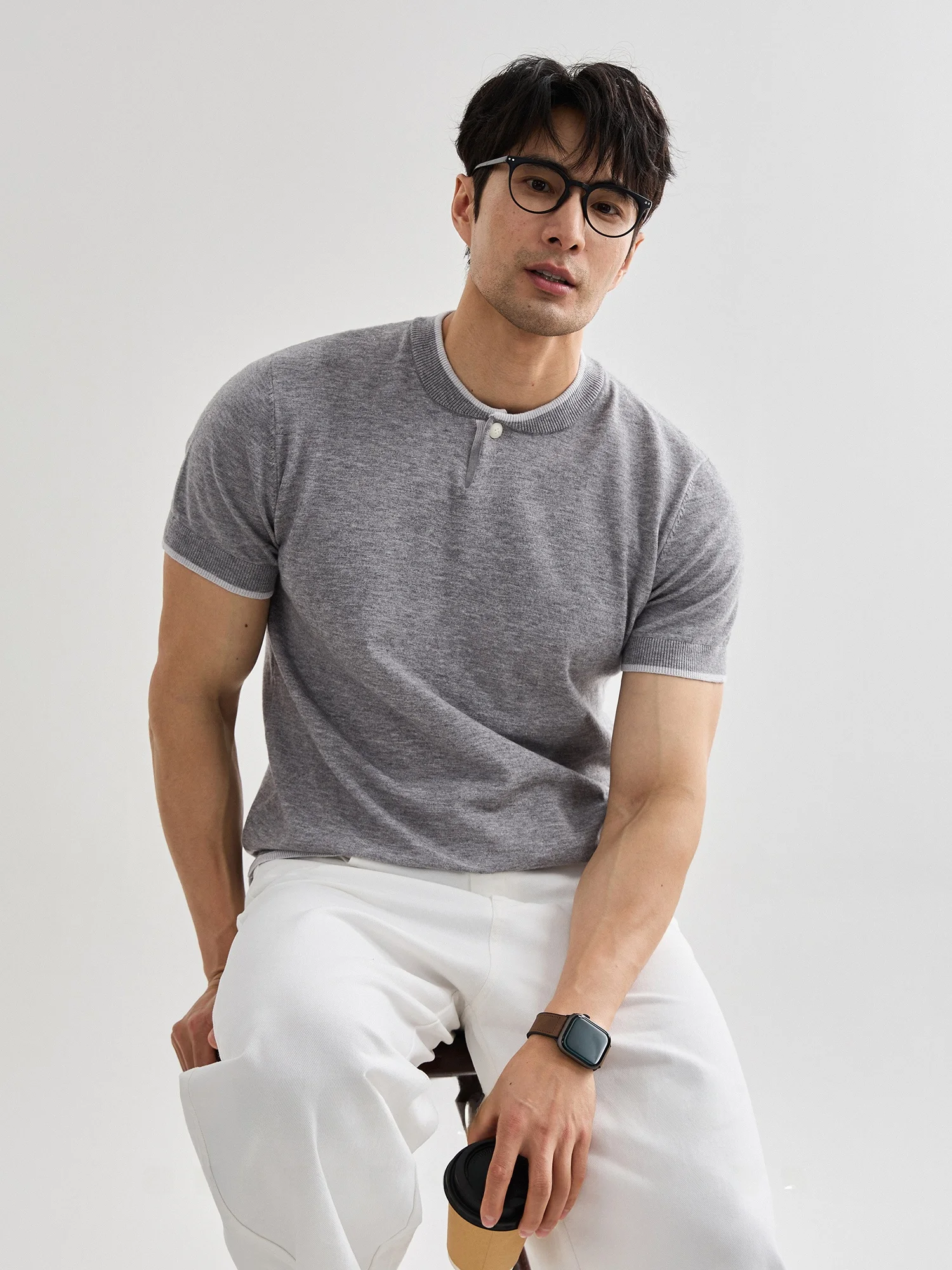 

MCCEVTG Color Block Knitted Short Sleeve Men's T-Shirt Casual Commute Breathable American Style Henry Collar Summer T-Shirt