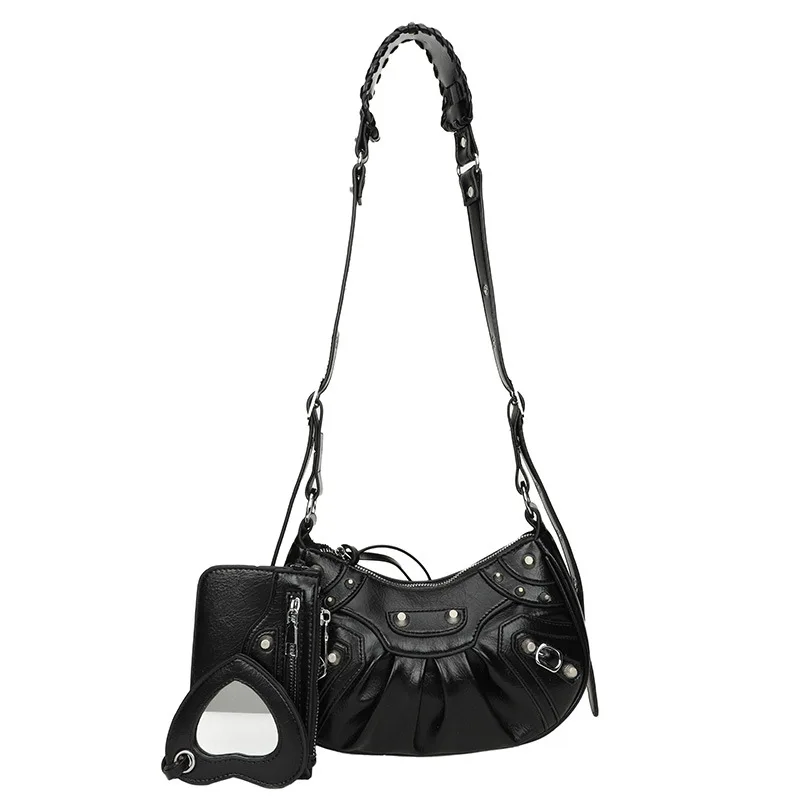 2025 New 3-in-1 Women's Bag, Studded Fringe Crossbody Purse, Crinkle Leather Tote, Versatile Underarm & Shoulder Bag for Daily