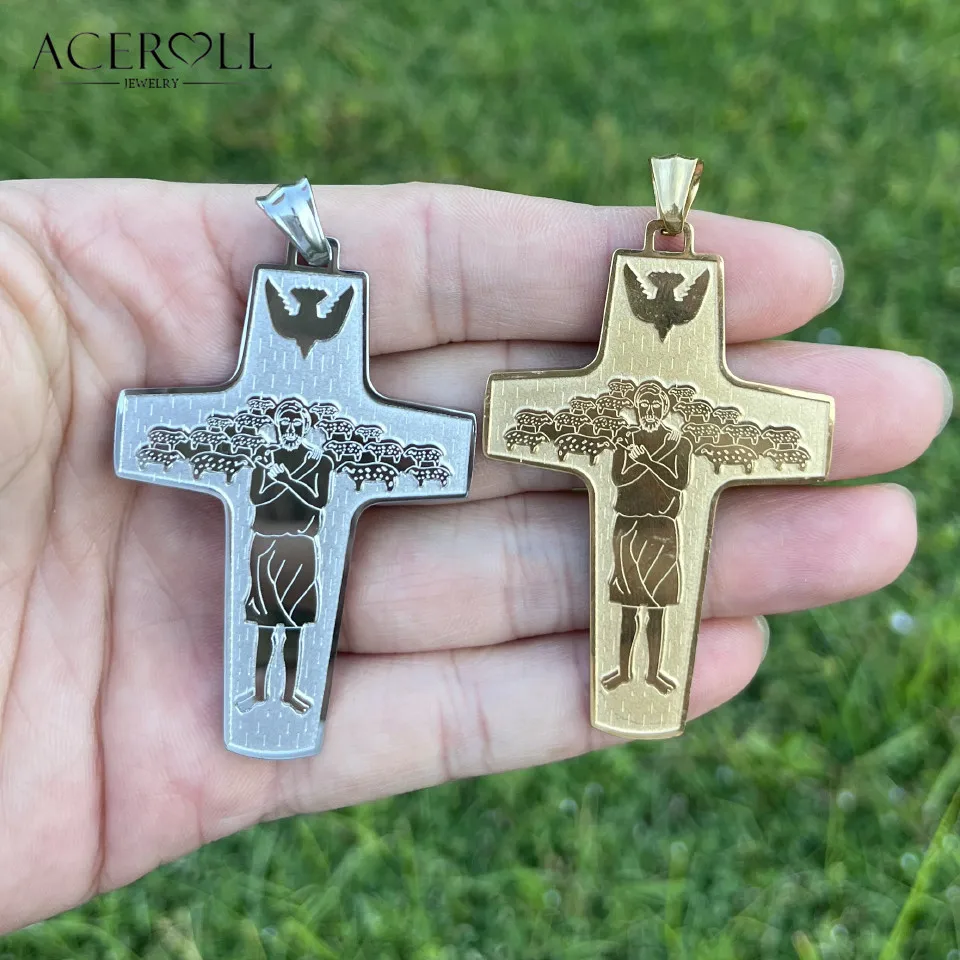 ACEROLL Catholic stainless steel pendant of the Shepherds\' Cross, the Pope\'s Cross