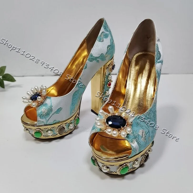 Zapatos de tacón grueso con diseño de perlas de cristal Para mujer, calzado con plataforma y Punta abierta, estilo étnico, a la moda, 2023