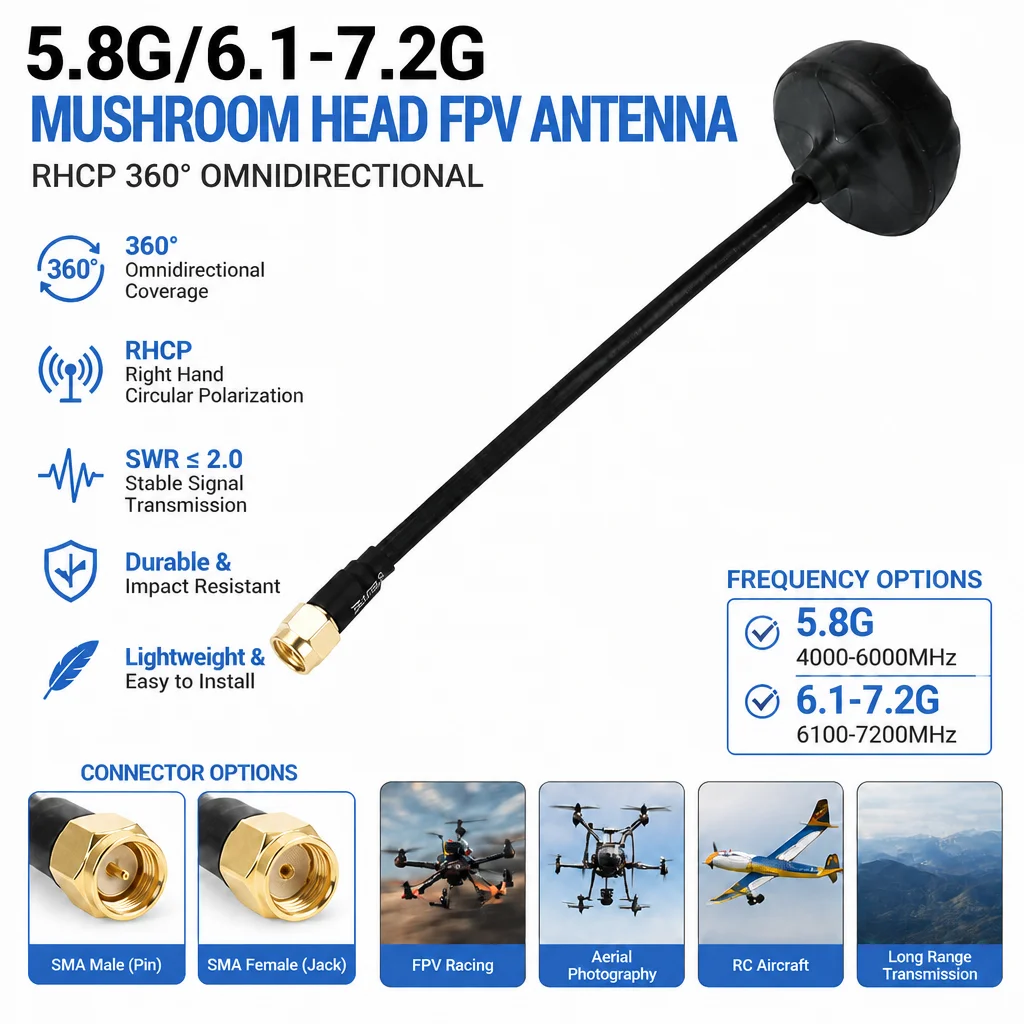 5.8G 6.1-7.2G FPV Mushroom Antenna Right Hand Circular Polarization 360° Omnidirectional For Drone Racing RC Model SMA Connector