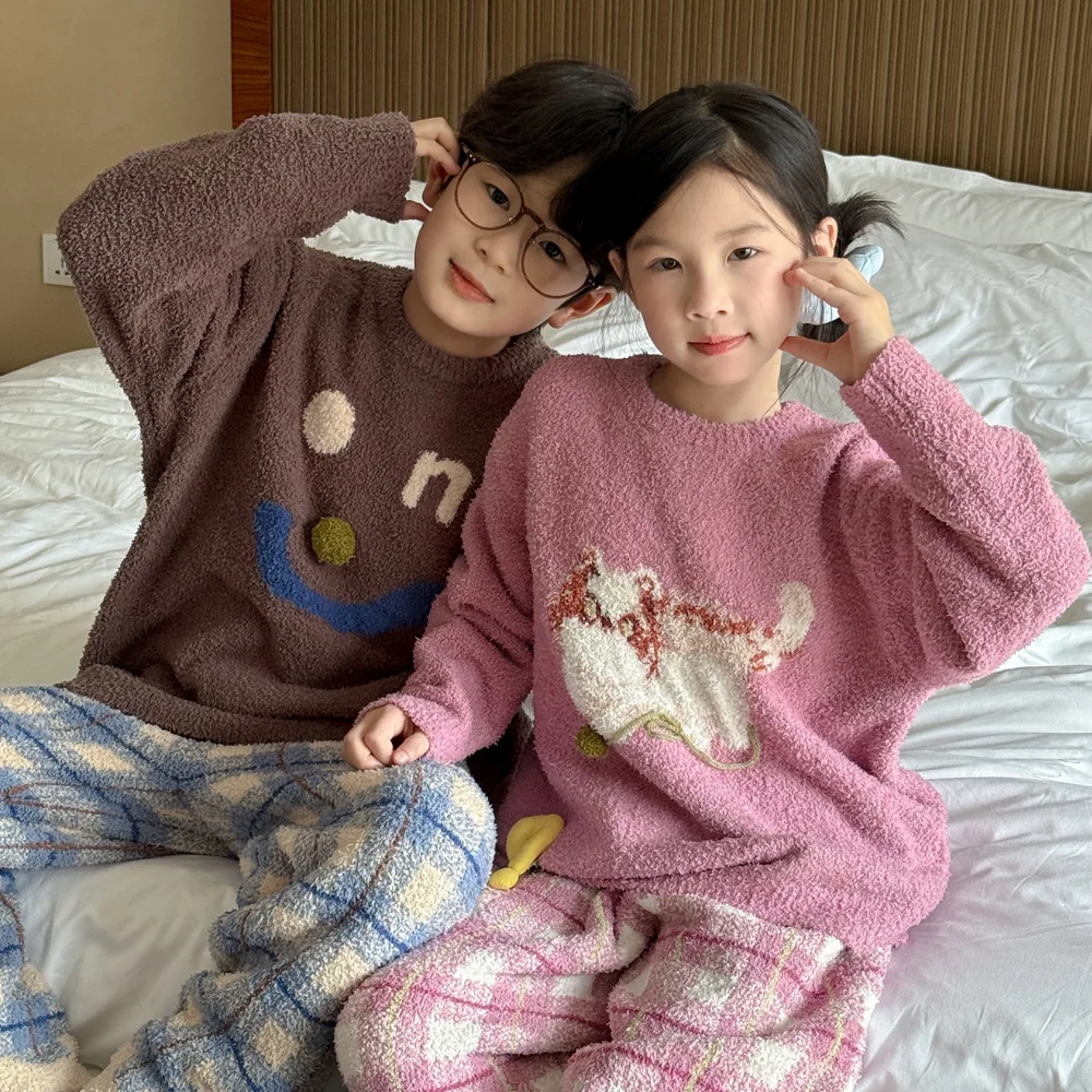 Winter Kids Girl 2PCS Pajamas Clothes Set Animal Jacquard Toddler Girls Fleece Tops+plaid Pants Outfits Baby Boys Homewear Suits