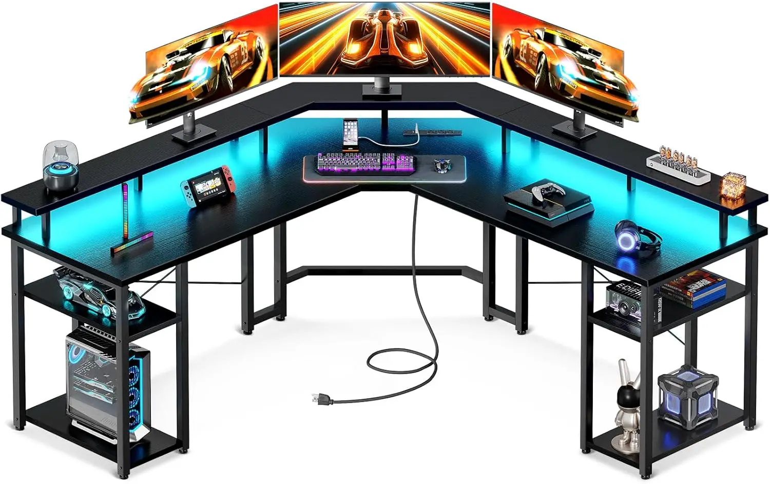 Coleshome L Shaped Gaming Desk with LED Lights & Power Outlets, Reversible 56