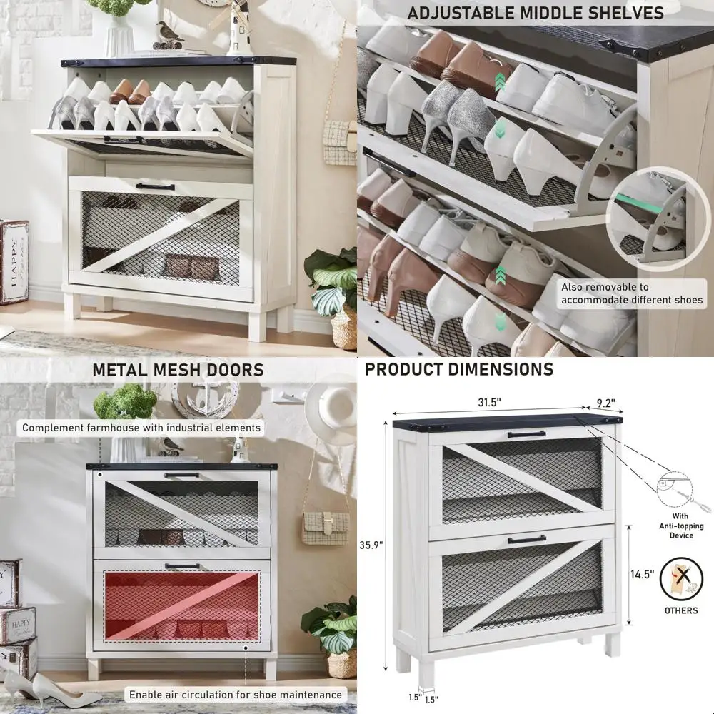 

Farmhouse Style Shoe Cabinet with Mesh Door and Adjustable Shelves for Rustic Wood Storage Solutions