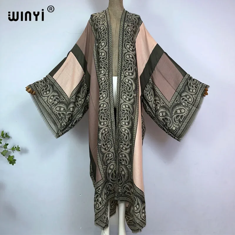 WINYI Fashion Kimono Print Coat Long Sleeve Cardigan Abaya Muslim Woman Cover Up Boho Dress Kaftan Abaya Dubai Luxury Caftan