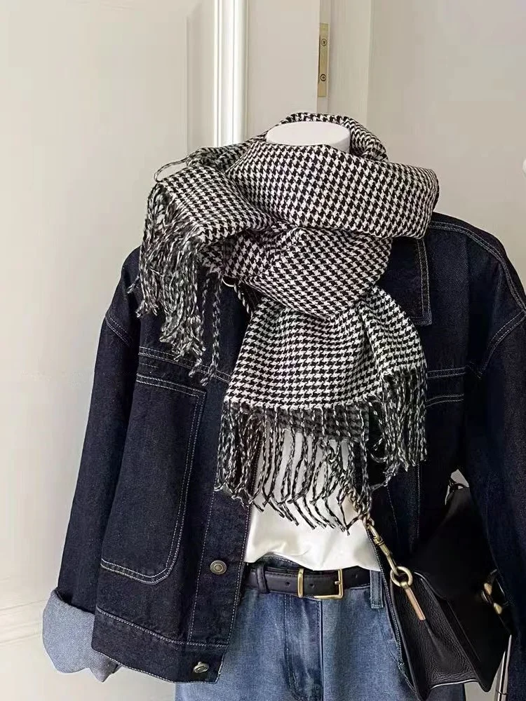 Nowy damski szalik zimowy imitacja wełny klasyczny Houndstooth Tassel styl akademii szaliki studenckie eleganckie modne dodatki