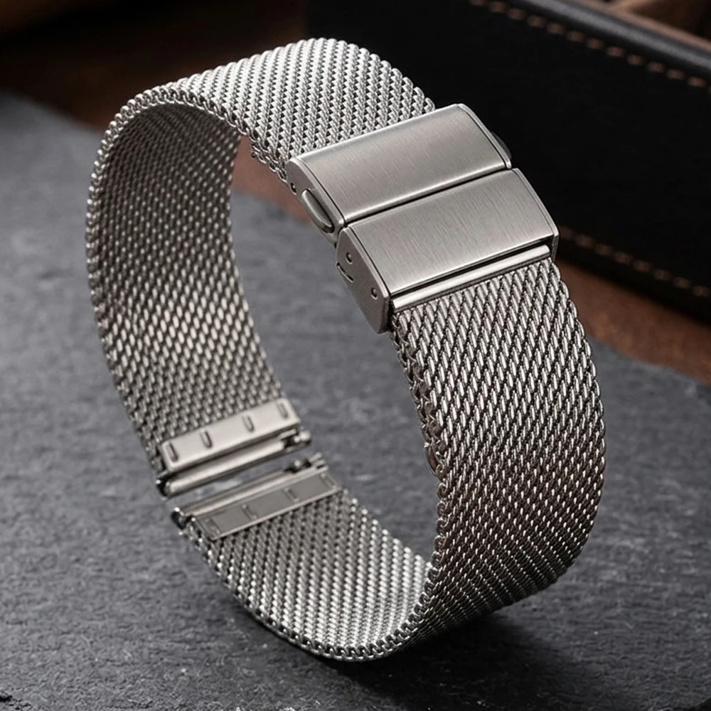 Milanese Mesh Watch Band 16 18 20 22mm Double-Push Clasp Silver Black Strap Compatible with Samsung Huawei Smartwatch