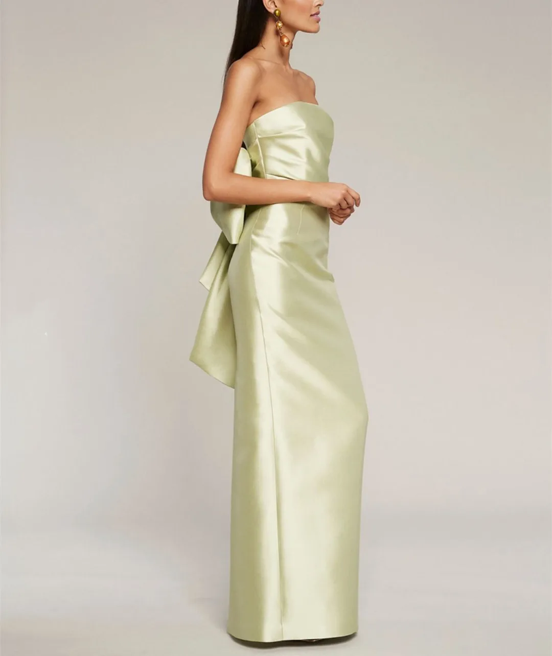 Classy Long Green Satin Prom Dresses With Bow Sheath Floor Length Wedding Guest Dress Evening Dresses With Slit for Women