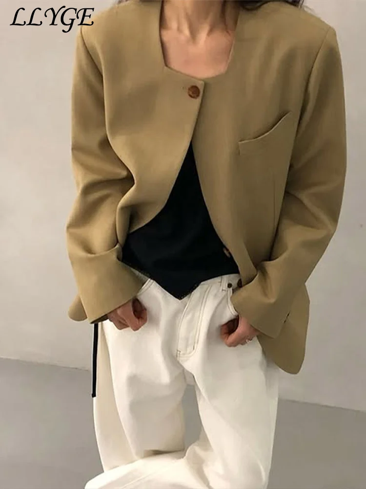 

Элегантный пиджак, женский свободный пиджак с квадратным воротником, однобортное пальто с длинными рукавами и искусственными карманами, весна-лето 2024, однотонная верхняя одежда