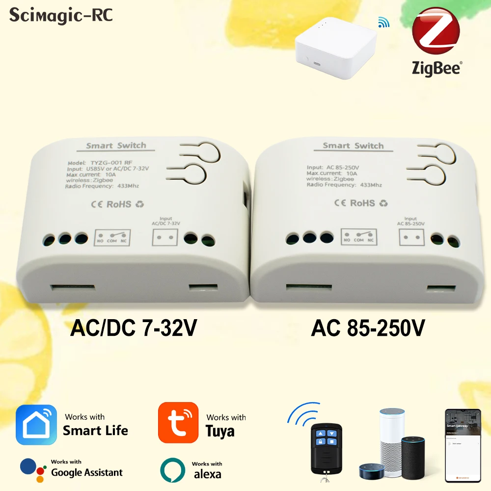 1 Channel Zigbee Tuya Wifi and 433mhz RF Control Relay Switch AC/DC 7-32V 85-250V Work With Alexa Google Home