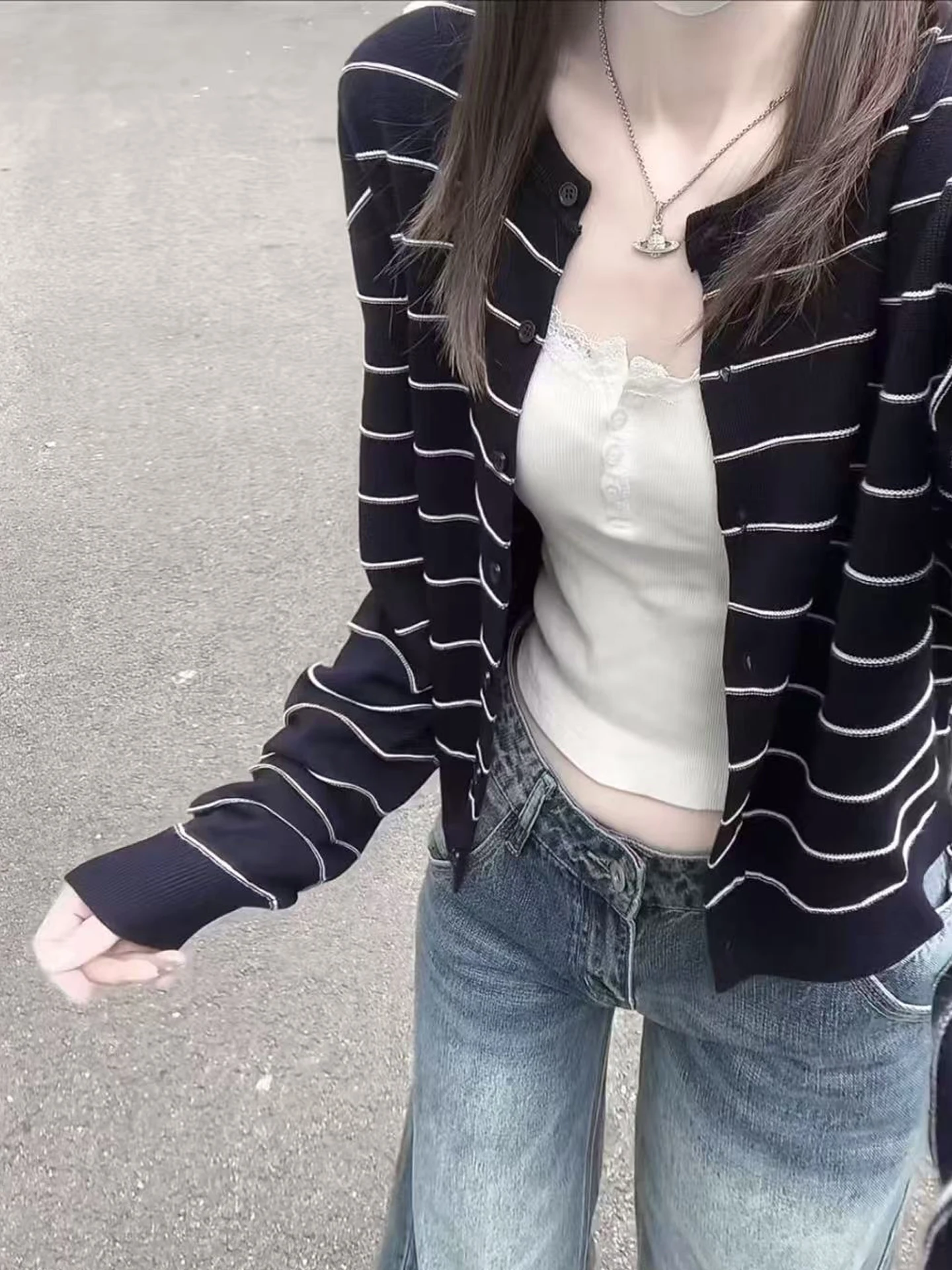 

Soft Cozy Knitted Open Cardigan Women's Spring Autumn Loose Base irt Trendy Age Reduction Top High Sensation Striped Button