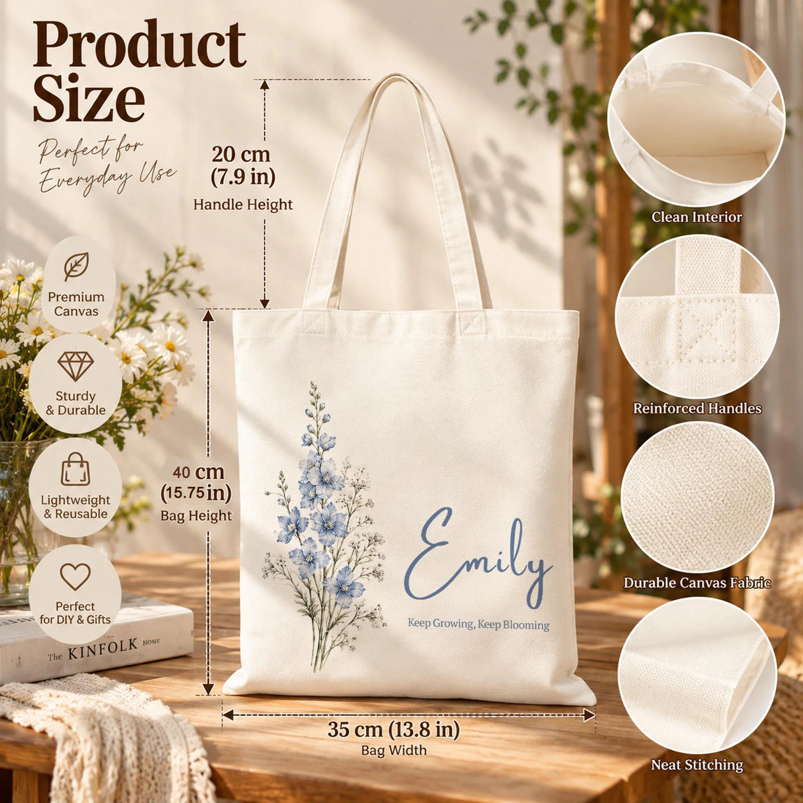 White Flower Bouquet Tote Bag, Custom Name Floral Canvas Shoulder Bag, Minimalist Gift Bag for Women, Bridesmaid & Birthday.