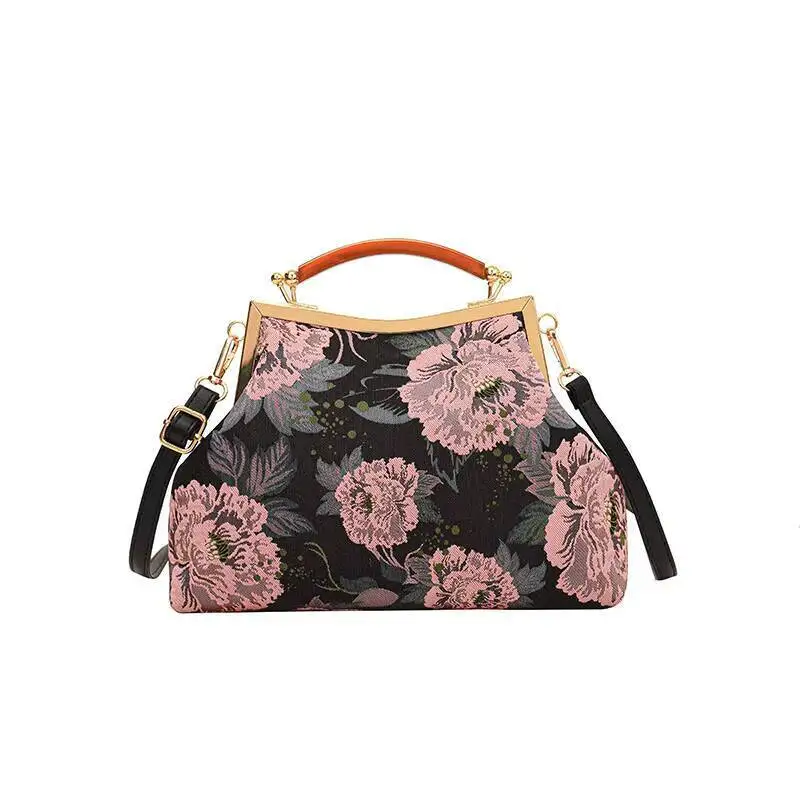 Chinese-Style Peony Jacquard Vintage Handbag Wooden Handle Metal Clasp Niche-Style Shoulder Crossbody Bag Elegant Evening Clutch
