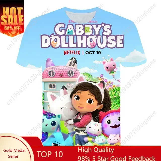 

2023 Summer Kawaii Cute Gabbys DollHouse T Shirt Kids 3D Colorful Print Tshirt Girls Short Sleeve T-shirt Ladies Raper Style Top