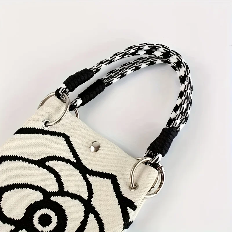 Black and White Flower Pattern Knitted Handbag, Women's Elegant Large Capacity Handbag, Versatile and Portable for Commuting image 4