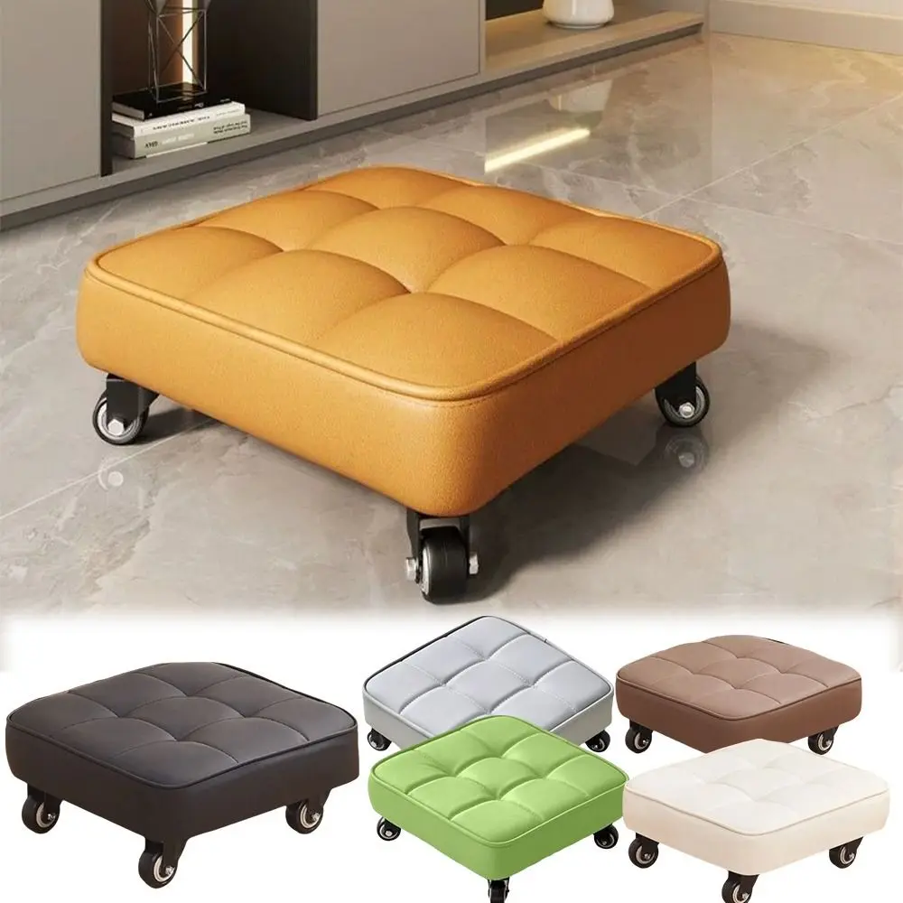 Upholstered Swivel Caster Stool Rounded Edges Stitched Rolling Stool 360° Square Shape Wheeled Short Bench Entryway Lazy Rest