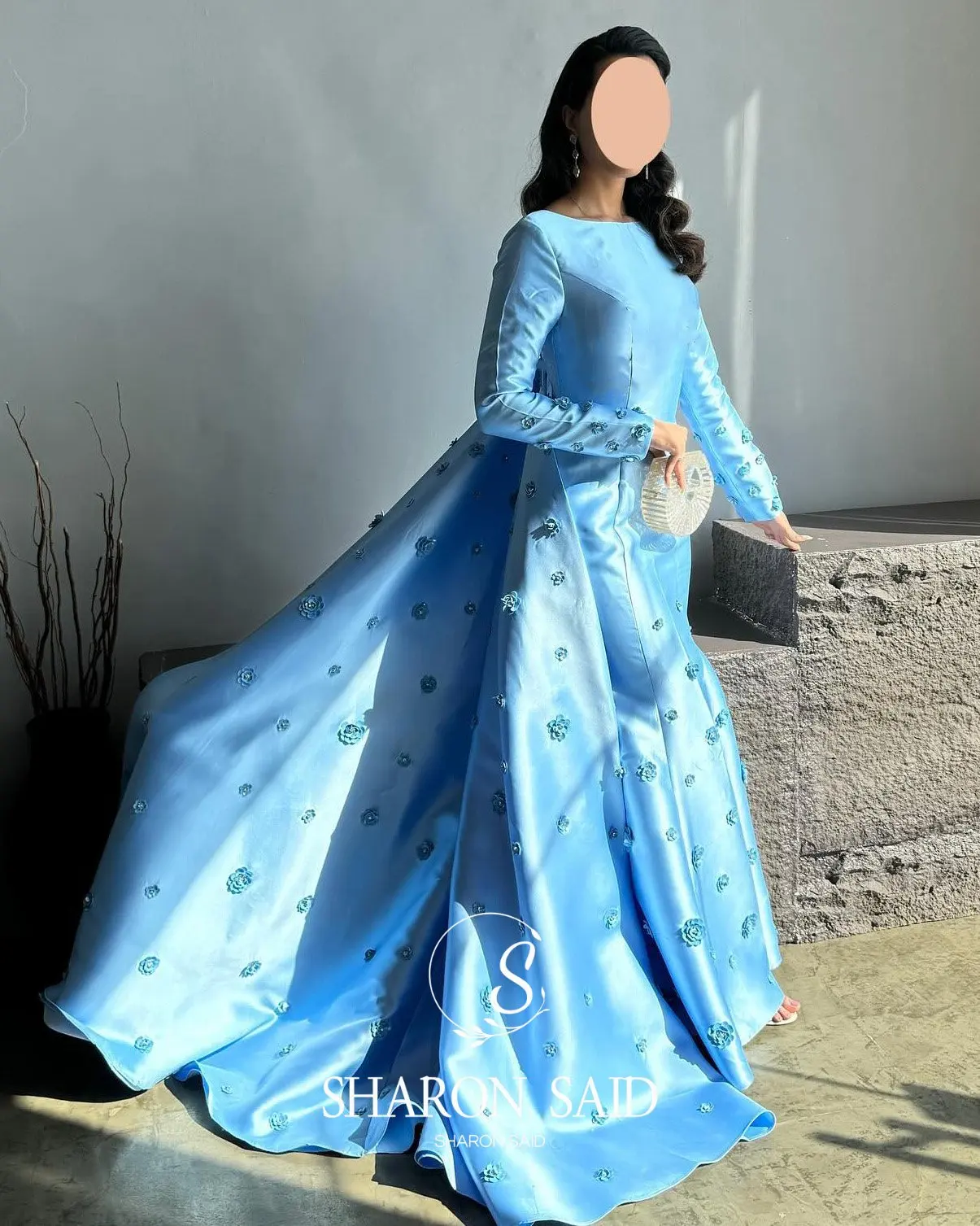 Sharon Said Dubai Blue 3D Flower Evening Dress with Long Sleeve Overskirt for Women Wedding Formal Gown SF244 Customized